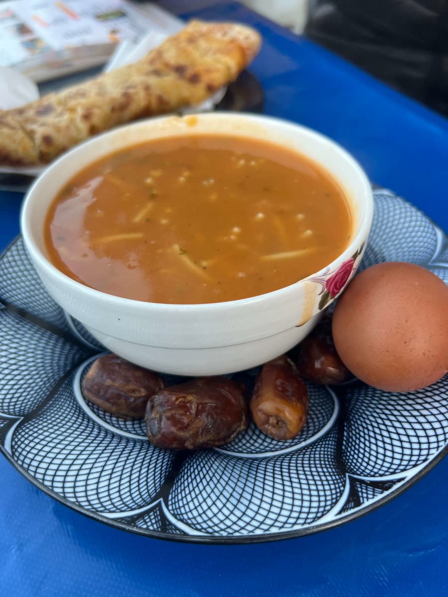 Harira soup with dates, egg and msemen flatbread — classic Moroccan comfort food in Mirleft