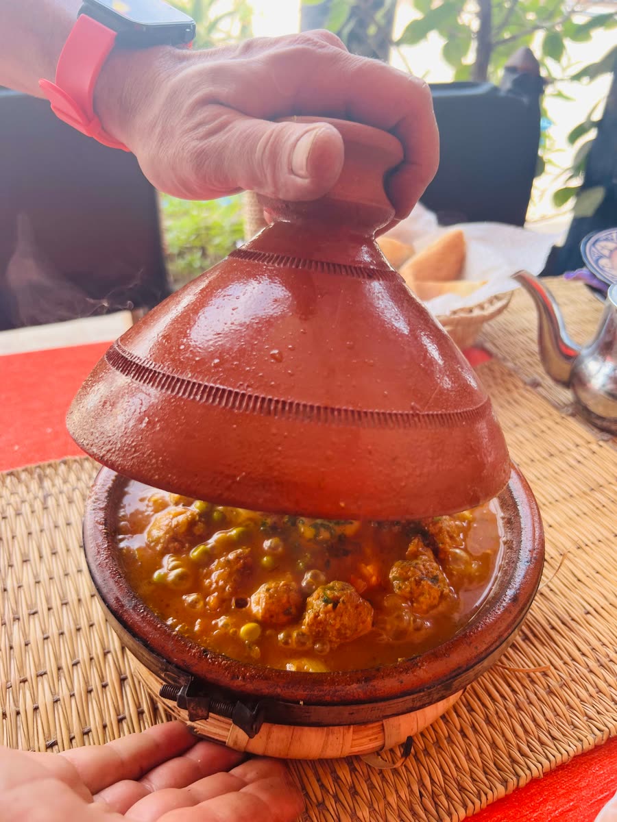 Traditional Moroccan tagine with meatballs at a Mirleft restaurant